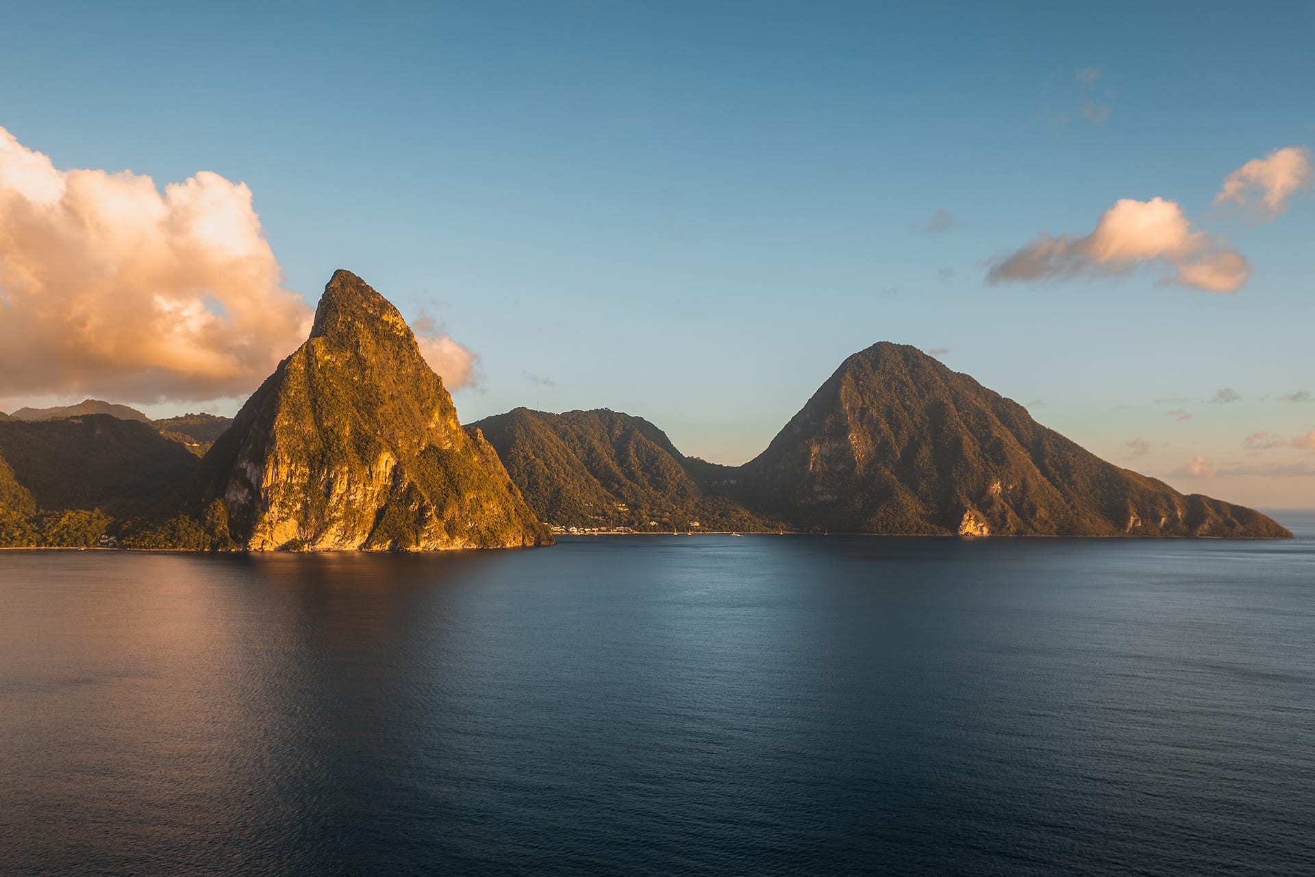 Pitons at sunset, St Lucia, Caribbean