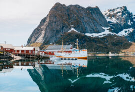 Red cabins in Lofoten islands Norway spring