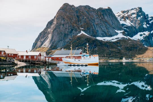 Red cabins in Lofoten islands Norway spring