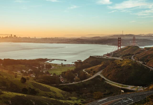 San Francisco aerial view at sunset looking over Golden Gate Bridge America USA