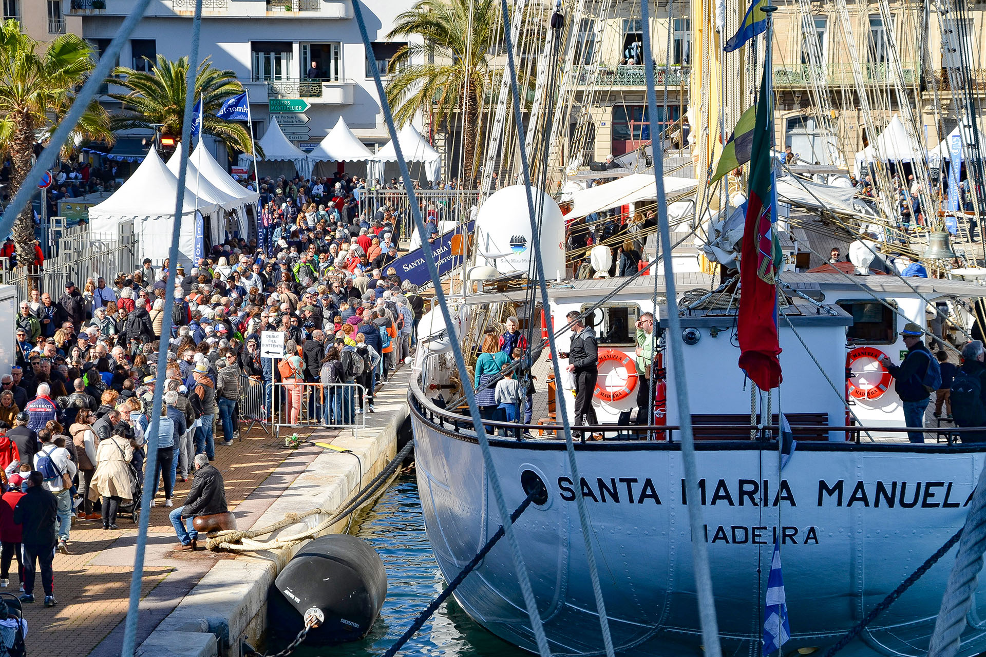 Santa Maria Manuela anhored at the escale à sète festival, France, guests onboard