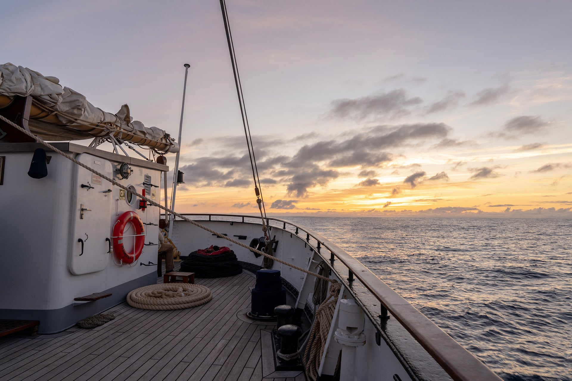 Santa Maria Manuela onboard on deck at sunset sailing