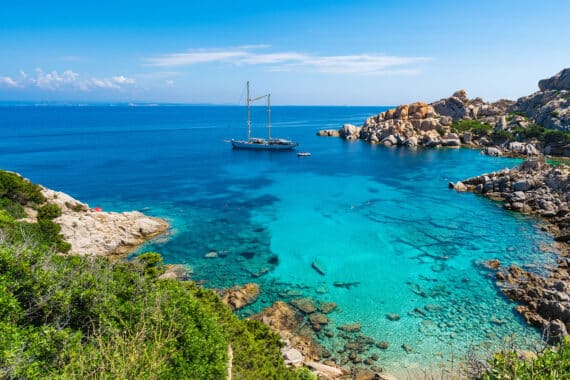 Sardinia Chronos anchored in quiet bay Capo Testa