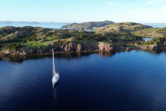 Sea Dragon sailing yacht anchored off Oderin Island, Newfoundland, Canada
