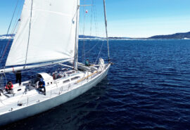 Sea Dragon sailing yacht close view in Arctic waters, Greenland -