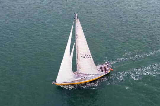 Sea Dragon sailing yacht underway full sail from above