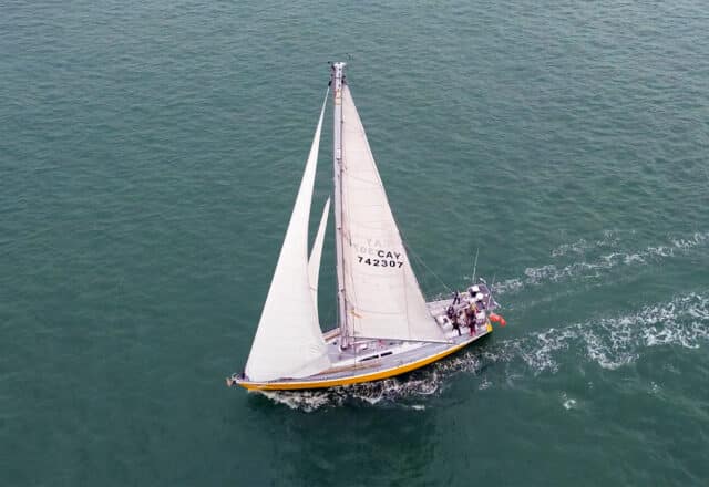 Sea Dragon sailing yacht underway full sail from above