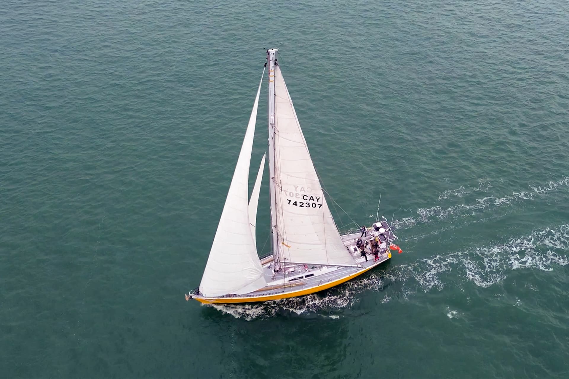Sea Dragon sailing yacht underway full sail from above