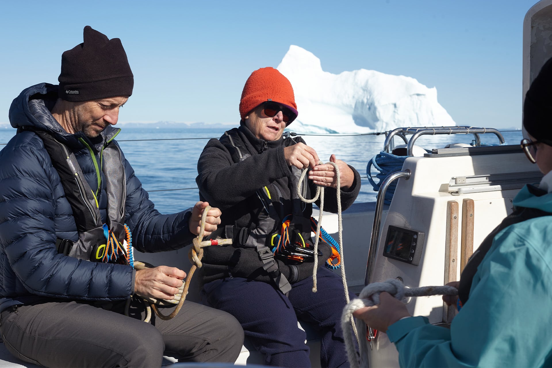 Sea dragon guests on deck learning knots in Arctic, greenland