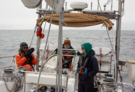 Sea dragon sailing yacht guests onboard at helm underway -