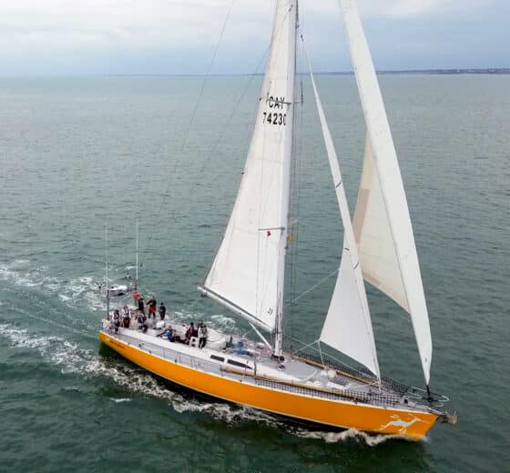Sea dragon sailing yacht underway from side full sail adventure -