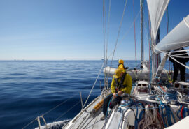 Sea dragon sailing yacht underway on deck in calm waters