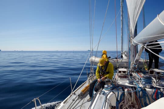 Sea dragon sailing yacht underway on deck in calm waters