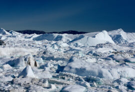 Sea dragon view of ice field in Ilulissat Icefjord, Greenland, Arctic
