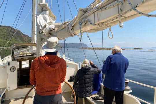 Steady guests on deck at helm watching wildlife Scotland Hebrides