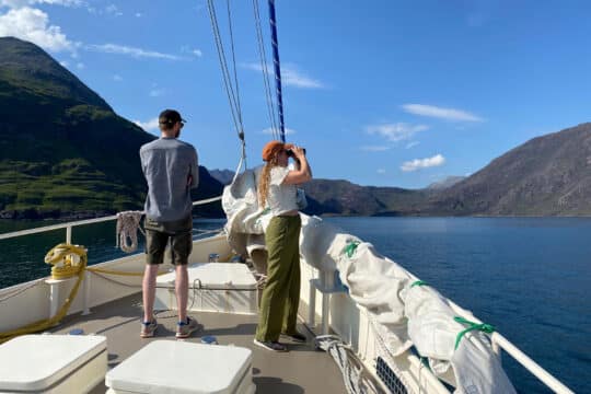 Steady guests on deck watching wildlife Hebrides, Scotland