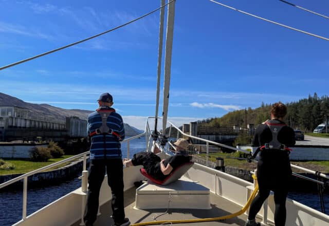 Steady guests onboard sailing through the Caledonian Canal, Scottish Highlands, Scotland
