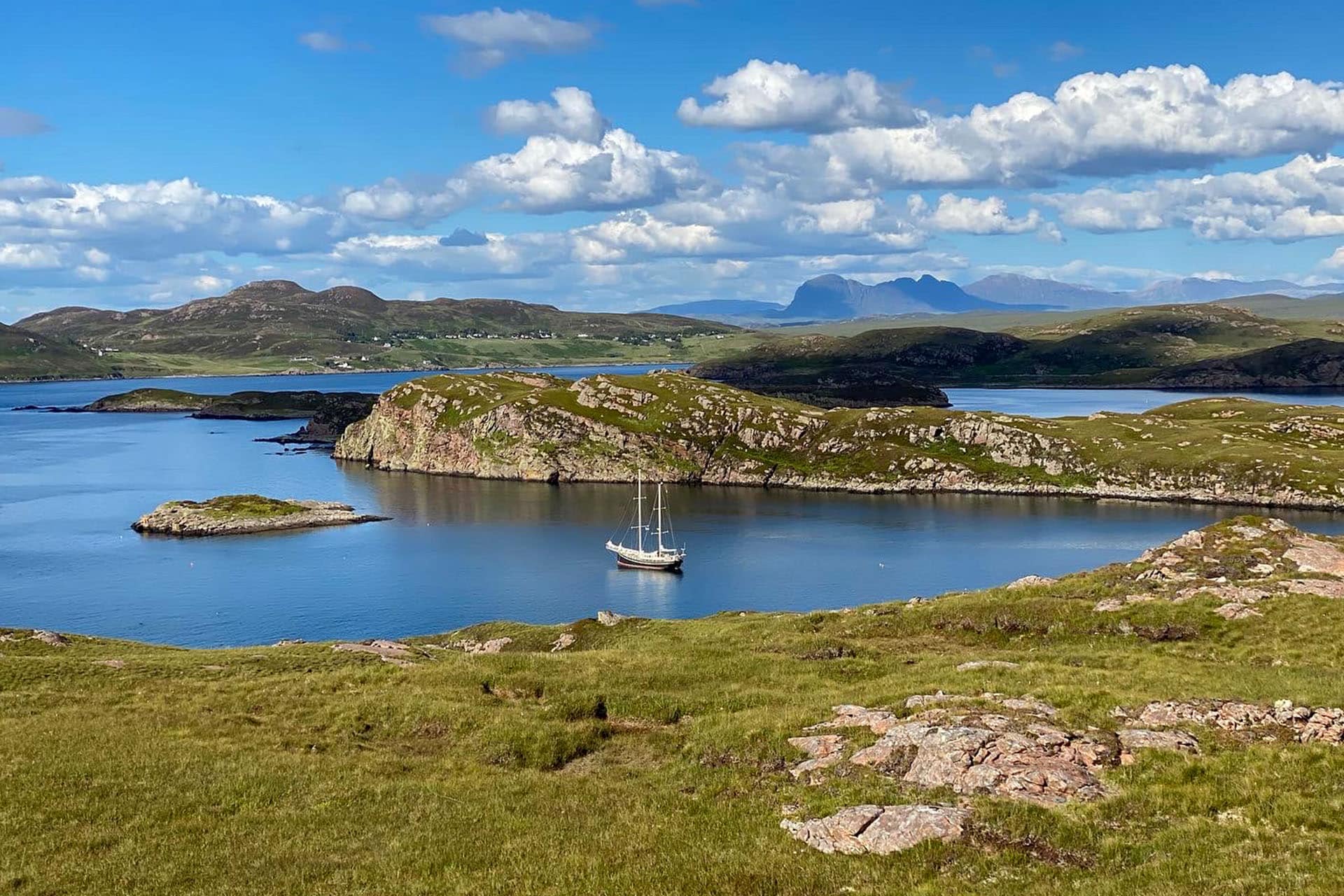 Steady yacht anchored Tanera Mor, Summer Isles, Hebrides, Scotland