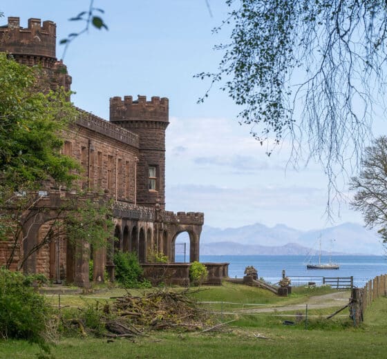 Steady yacht anchored at Kinloch Castle, Isle of Rum, Hebrides, Scotland