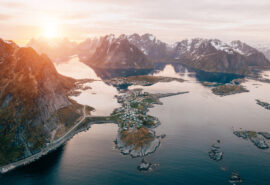 Sunset aerial view over Lofoten Islands Norway