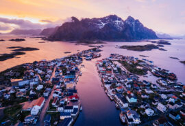 Sunset over town in Lofoten Islands Norway