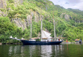 Tall ship Blue Clipper anchored in the Norwegian Fjords, Stavanger, Norway