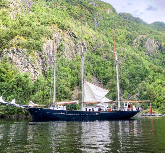 Tall ship Blue Clipper anchored in the Norwegian Fjords, Stavanger, Norway
