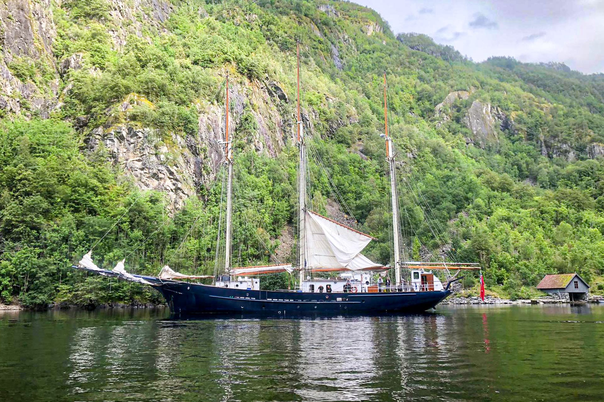 Tall ship Blue Clipper anchored in the Norwegian Fjords, Stavanger, Norway