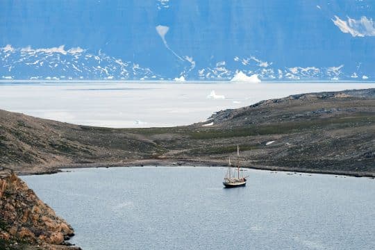 Tecla anchored in bay in East Greenland