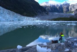 Tecla guest looking out over ice field Chilean Patagonia
