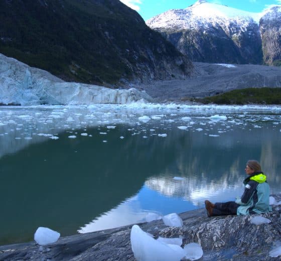 Tecla guest looking out over ice field Chilean Patagonia