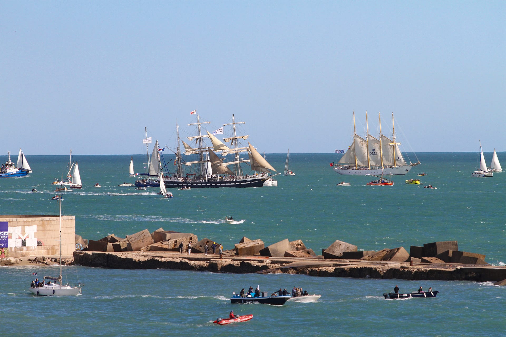 Traditional ships sailing at the escale à sète festival, France, Santa Maria Manuela