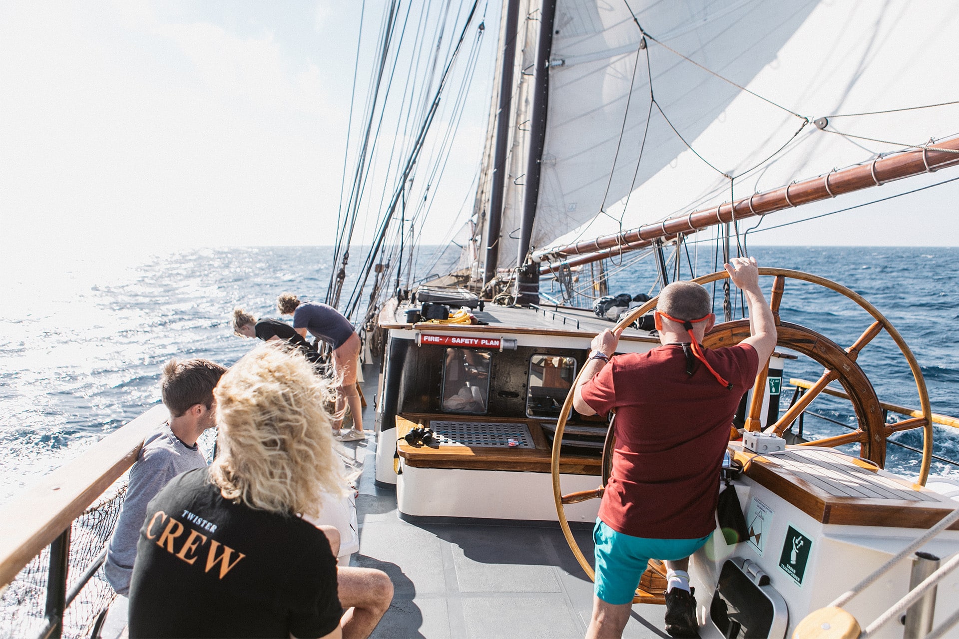 Twister guests on deck at helm sailing underway
