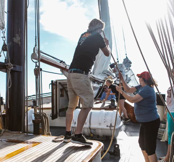 Twister guests onboard pulling ropes on deck adventure sailing