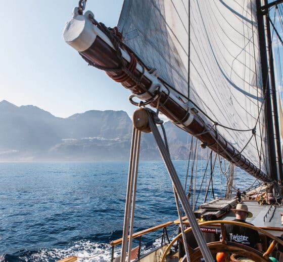 Twister schooner onboard view underway sailing island hopping adventure