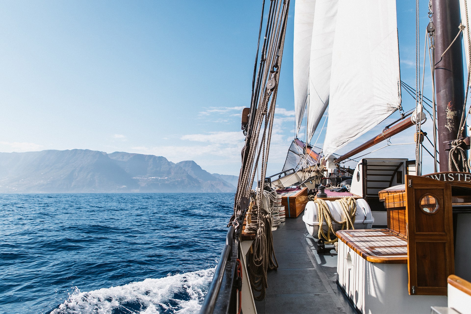 Twister schooner underway sailing view of Caribbean islands
