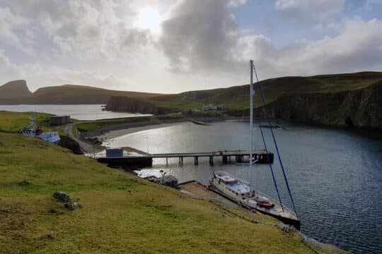 Valiente anchored in Fair Isle, Shetland, Scotland