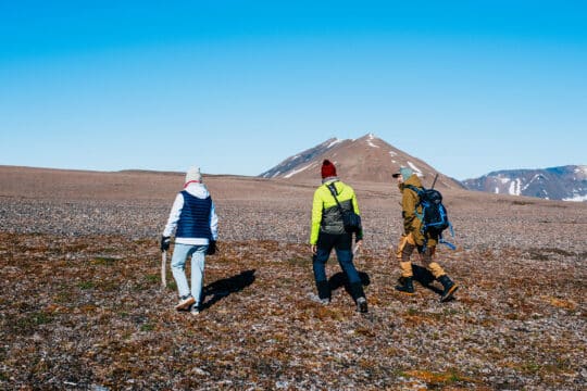 Valiente guests and guide hiking ashore in Arctic summer Svalbard