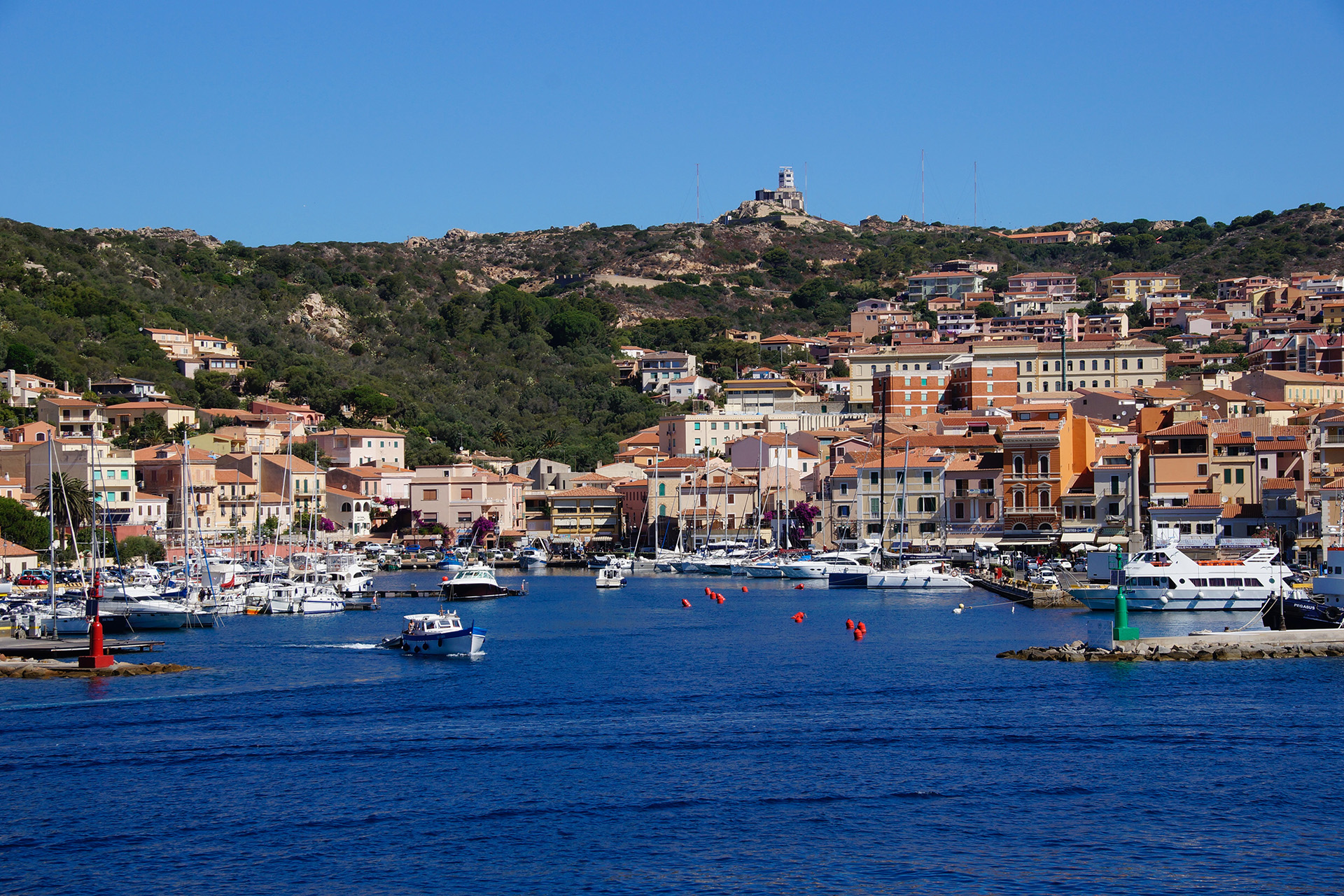 View of the main town of La Maddalena from the water, Italy