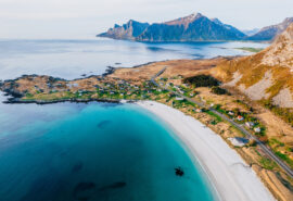View of beach in Lofoten Islands Norway