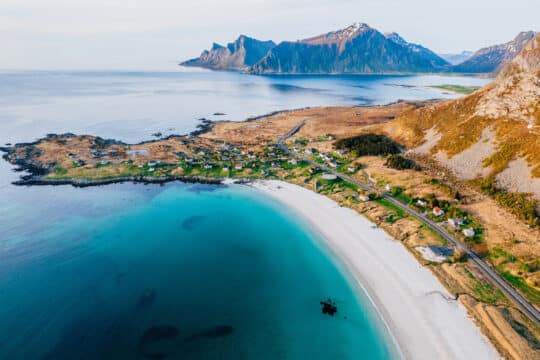 View of beach in Lofoten Islands Norway