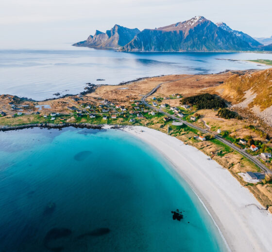 View of beach in Lofoten Islands Norway