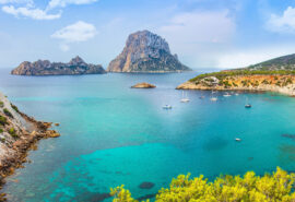 View of coast in Ibiza, Spain yachts anchored