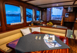 View of the saloon on board Chronos and Rhea interiors