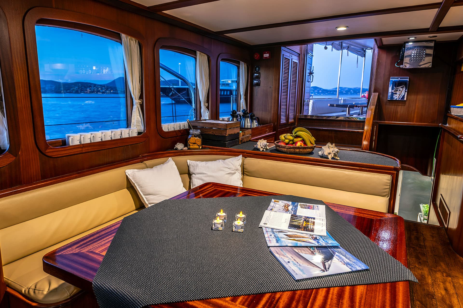 View of the saloon on board Chronos and Rhea interiors