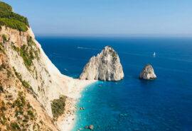 Yacht sailing off the coast of cliffs on Zante, Zakynthos, Ionian islands Greece