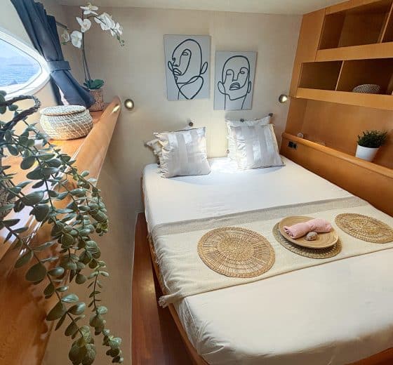Zorba Catamaran detailed view of primary bedroom interior