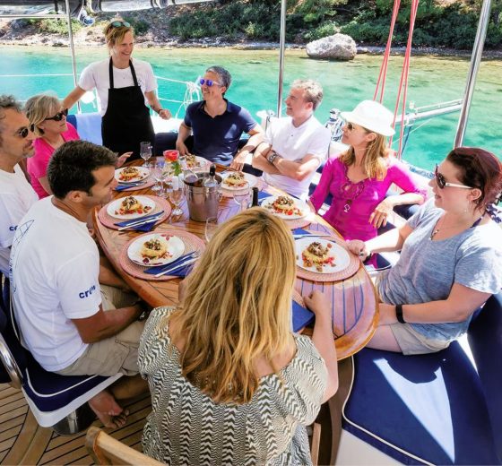 Zorba Catamaran-guests-deck-dinning