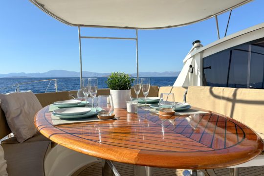 Zorba Catamaran outdoor dining area in Greece