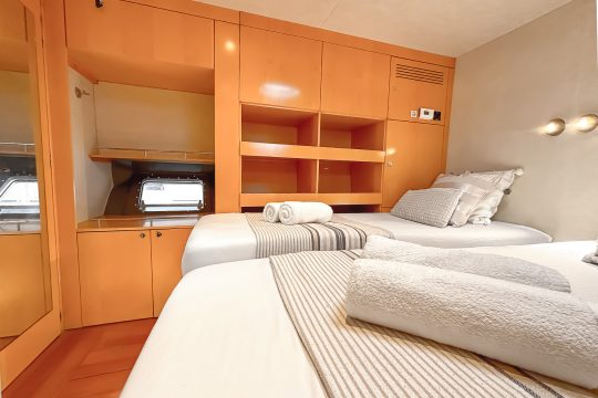 Zorba catamaran interior twin cabin onboard
